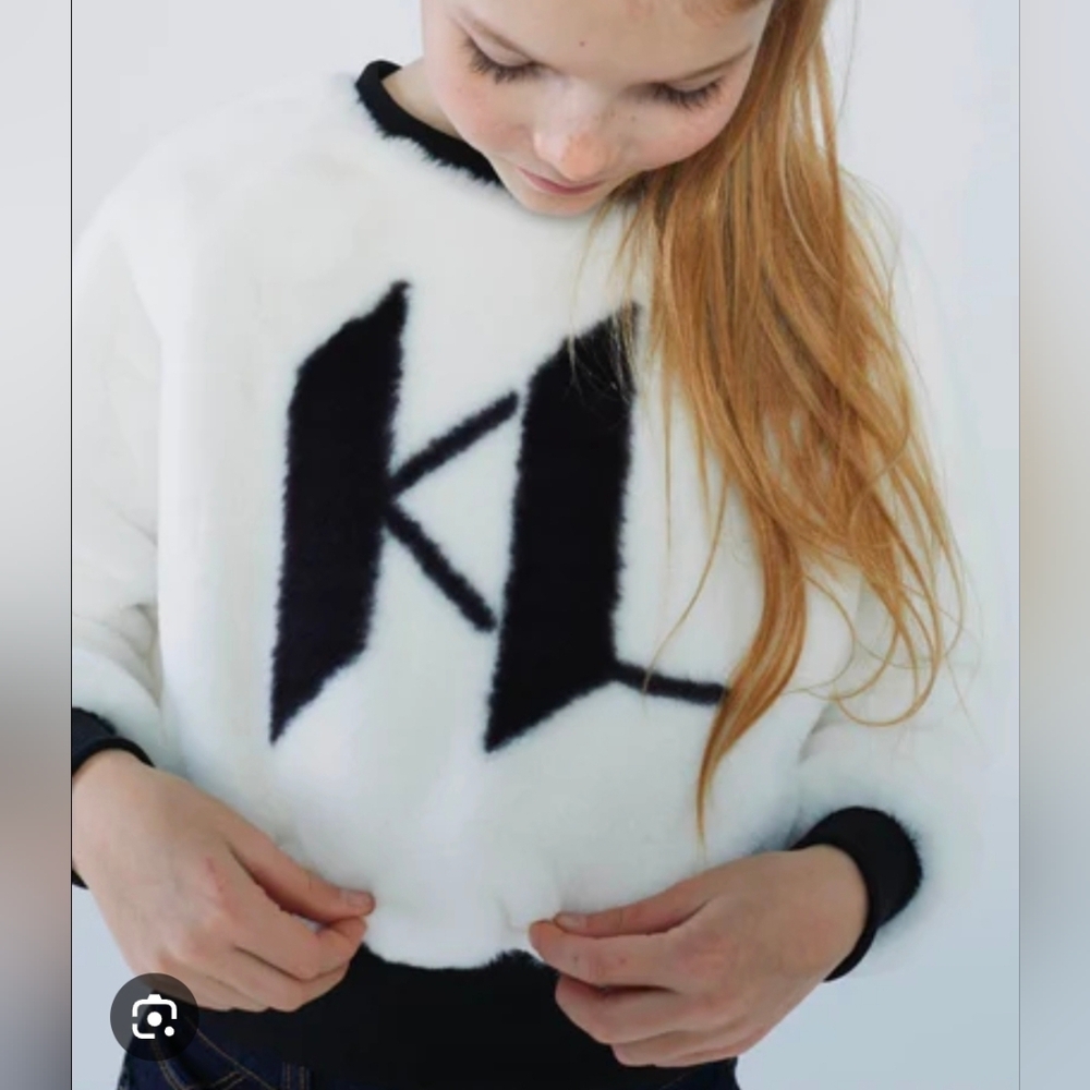 Girls Karl Lagerfeld Kids Fuzzy‎ Logo Sweater White/Black Size 14 100% Polyester